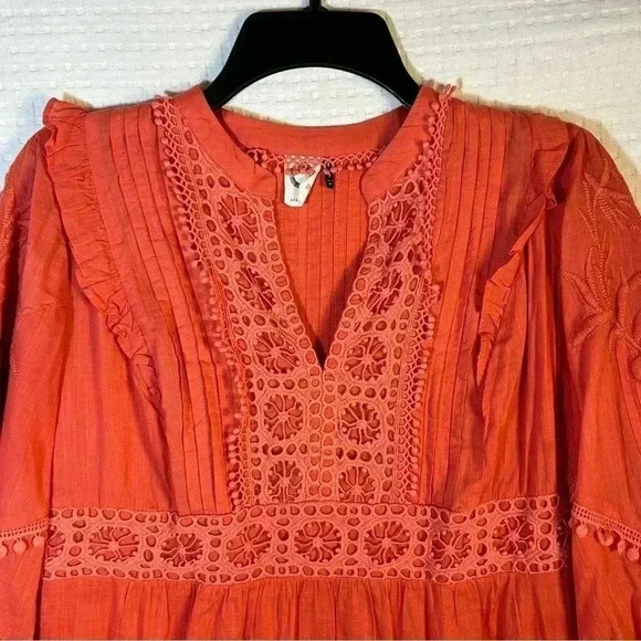 Anthro Akemi + Kin Josephine Small Embroidered Dress Coral 3/4 Sleeve NO SLIP - Picture 6 of 14